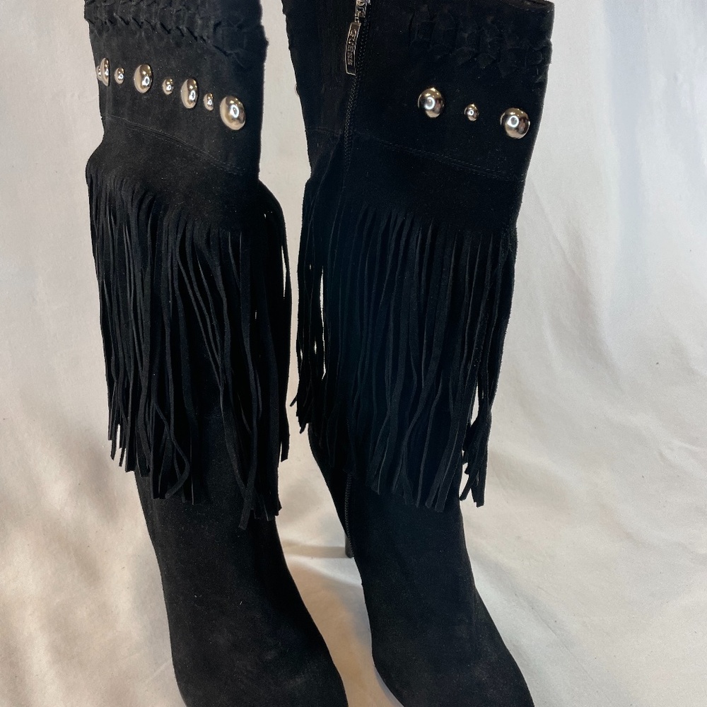 Guess black suede boots with fringe And bling bling….